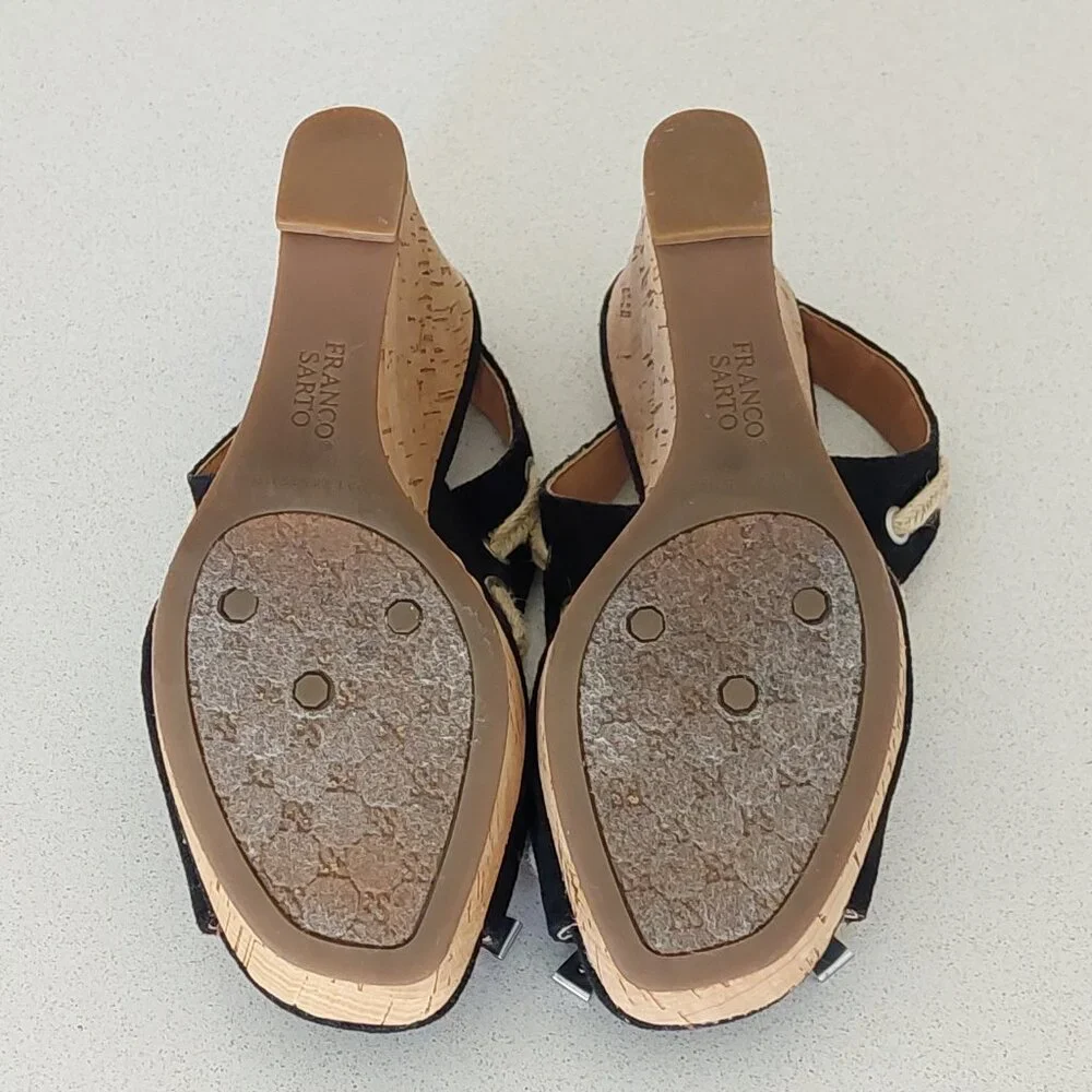 Franco Sarto Black and Cork Rope-Accent Wedge Sandals